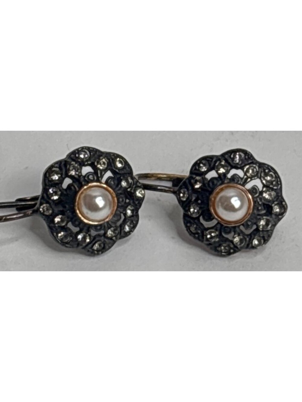 Vintage Sterling, Marcasite and Pearl Earrings Leverback | Marked "By Simon"